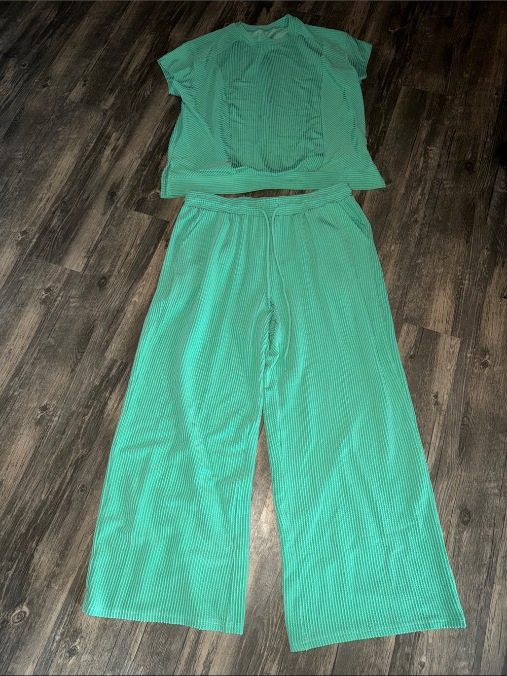 Ribbed Wide-Leg Lounge Pants Set in Mint Green